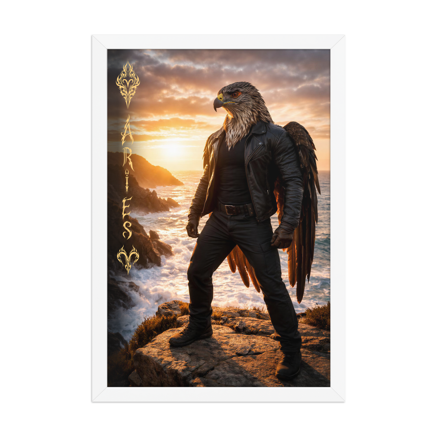 Framed Aries man poster featuring a powerful eagle figure standing above ocean cliffs at sunset, symbolizing strength, courage, and leadership.