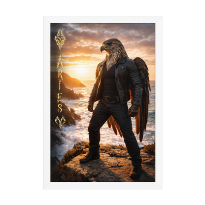 Framed Aries man poster featuring a powerful eagle figure standing above ocean cliffs at sunset, symbolizing strength, courage, and leadership.