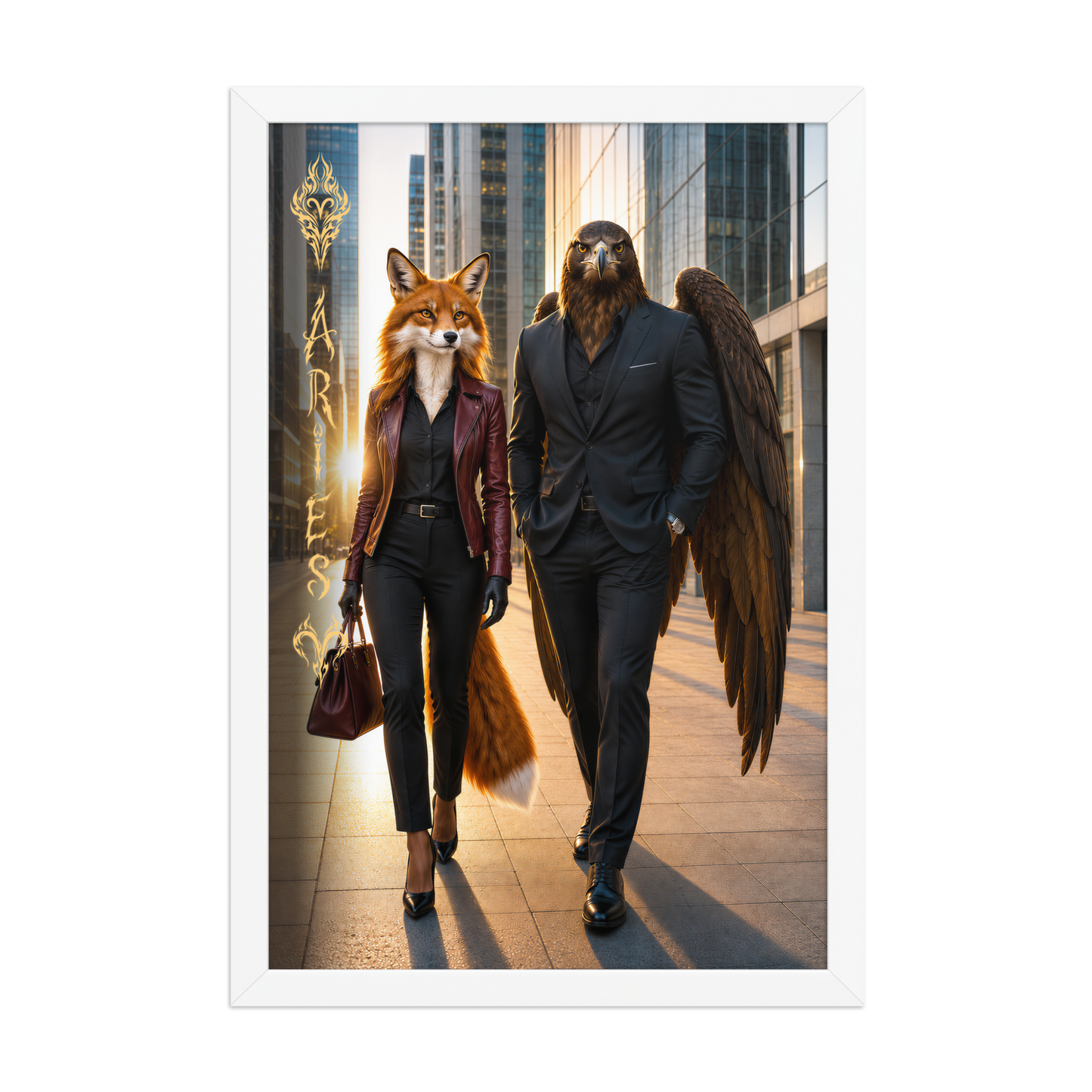 Framed Aries power couple poster featuring eagle and fox archetypes walking through a modern city, symbolizing strength, ambition, and partnership.