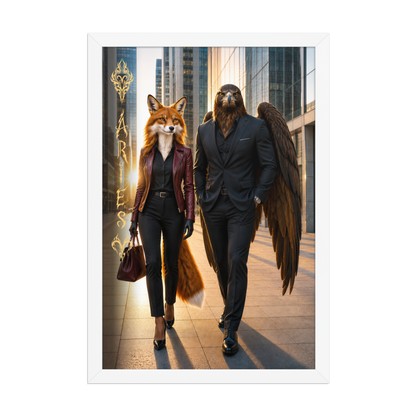 Framed Aries power couple poster featuring eagle and fox archetypes walking through a modern city, symbolizing strength, ambition, and partnership.