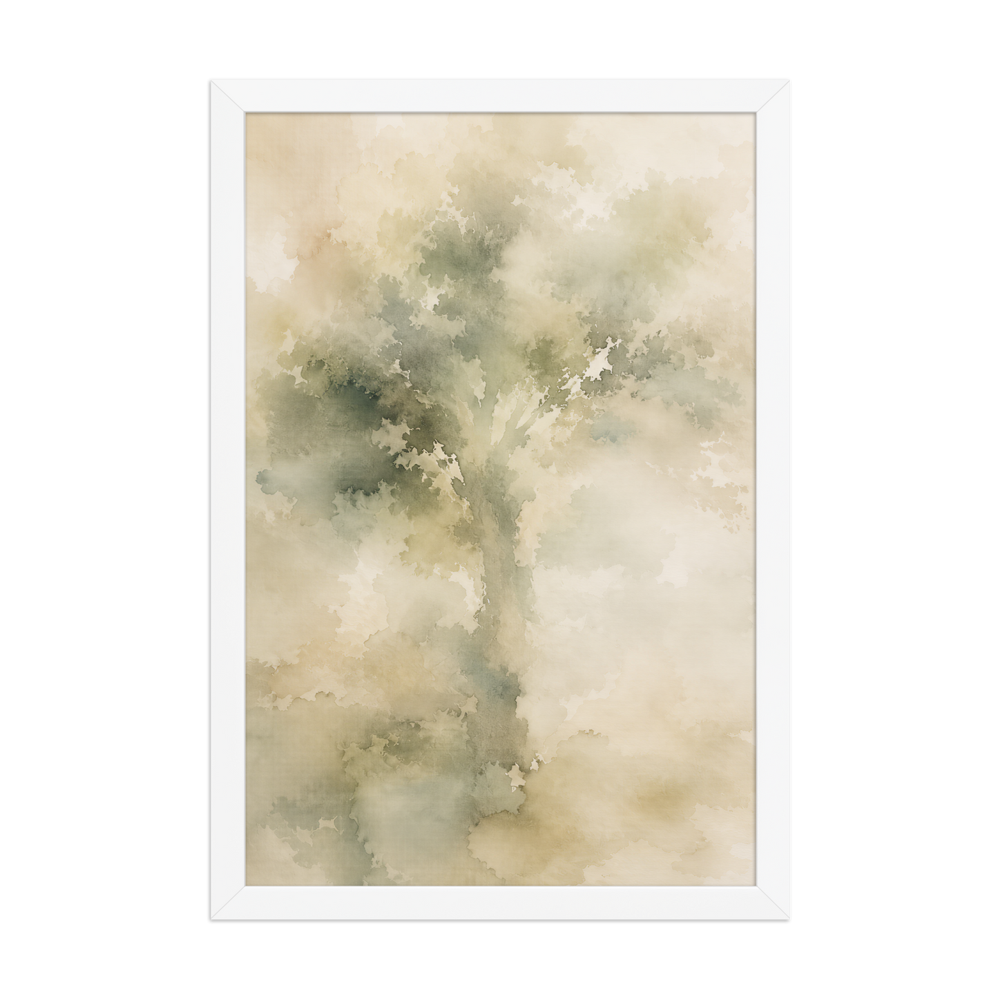 Framed minimalist nature poster featuring a softly emerging tree form in muted green and warm neutral tones.