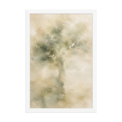 Framed minimalist nature poster featuring a softly emerging tree form in muted green and warm neutral tones.