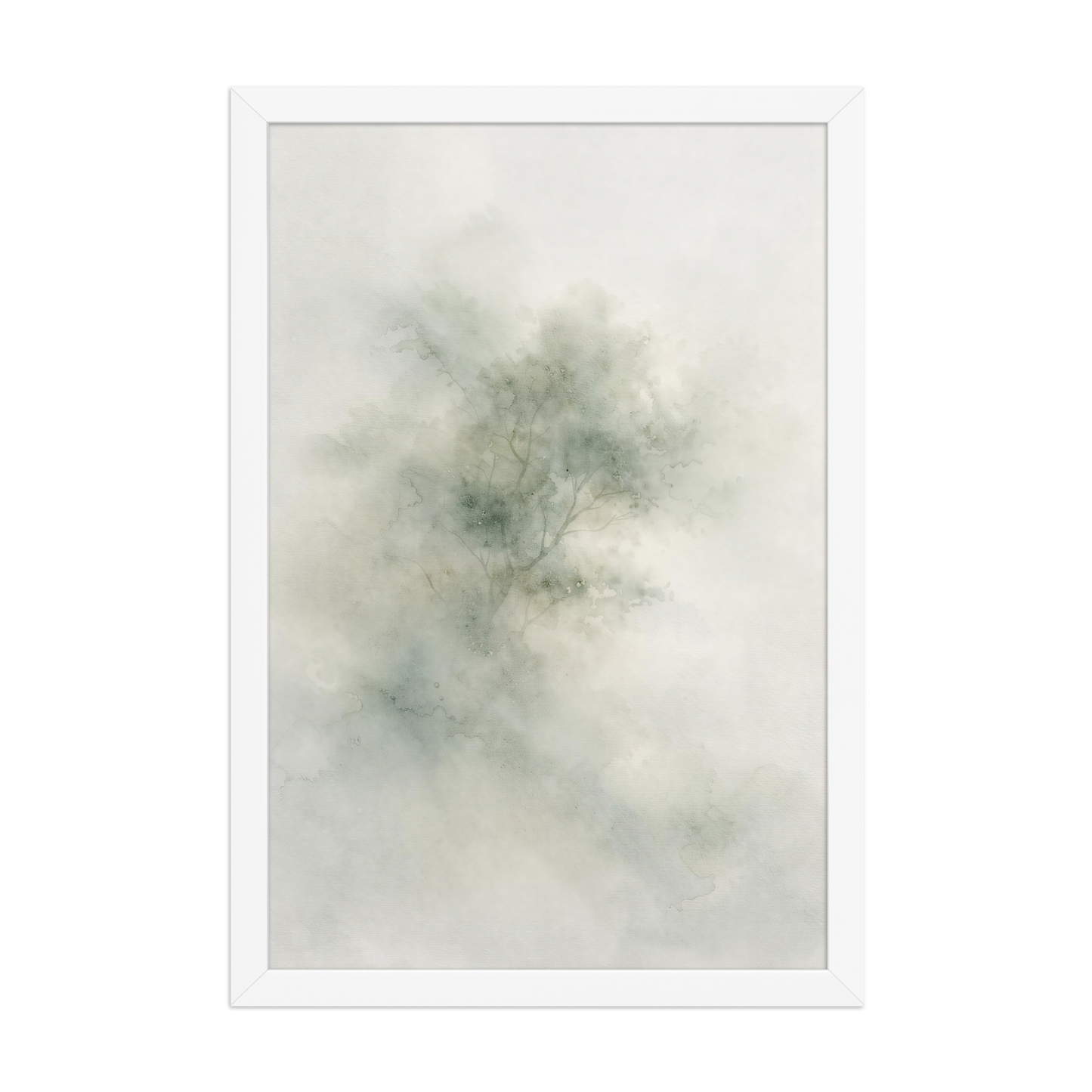 Framed minimalist watercolor-inspired artwork with a softly emerging tree form and subtle neutral tones.
