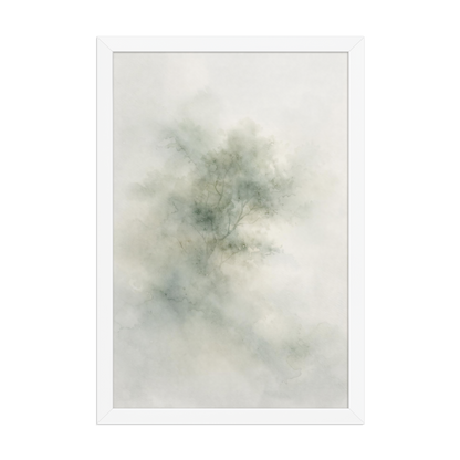 Framed minimalist watercolor-inspired artwork with a softly emerging tree form and subtle neutral tones.
