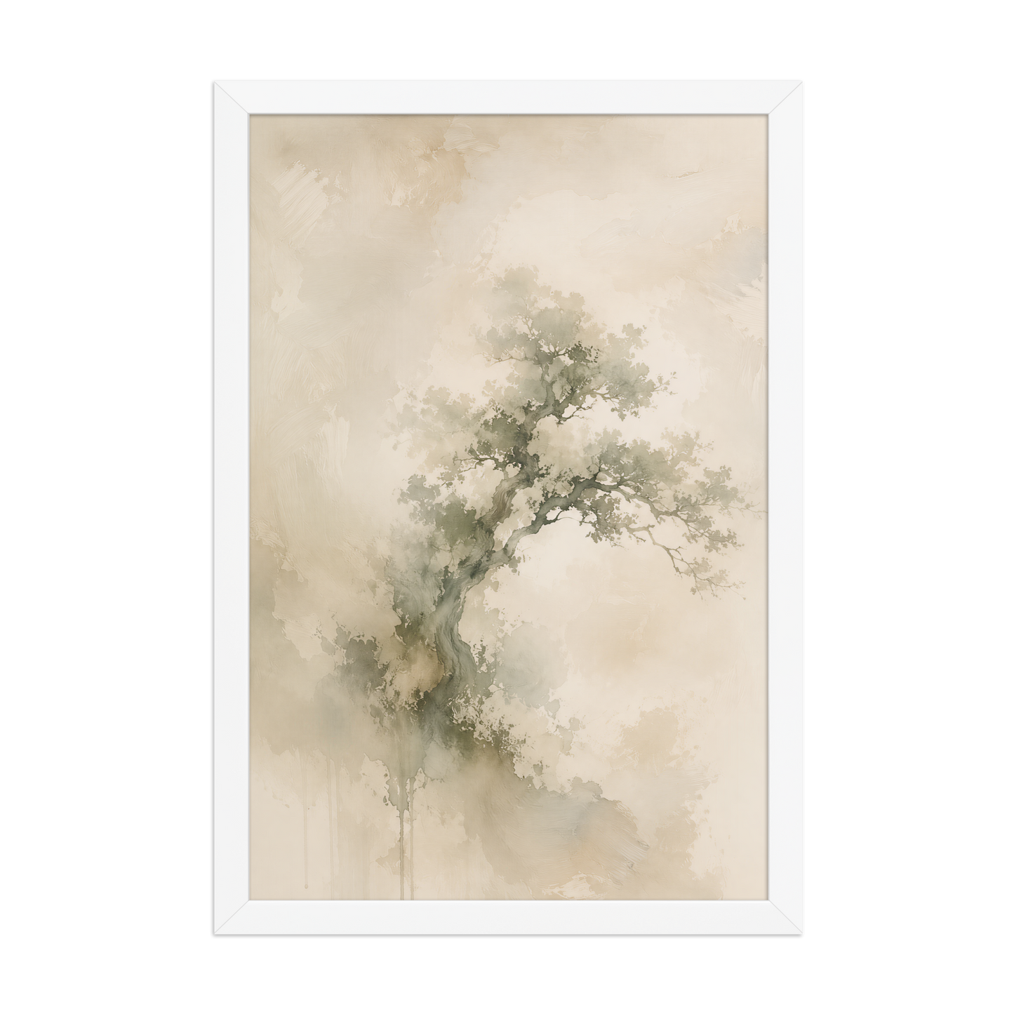 Framed minimalist nature-inspired poster featuring an emerging tree form in soft earthy neutral tones.