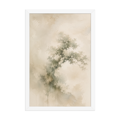 Framed minimalist nature-inspired poster featuring an emerging tree form in soft earthy neutral tones.