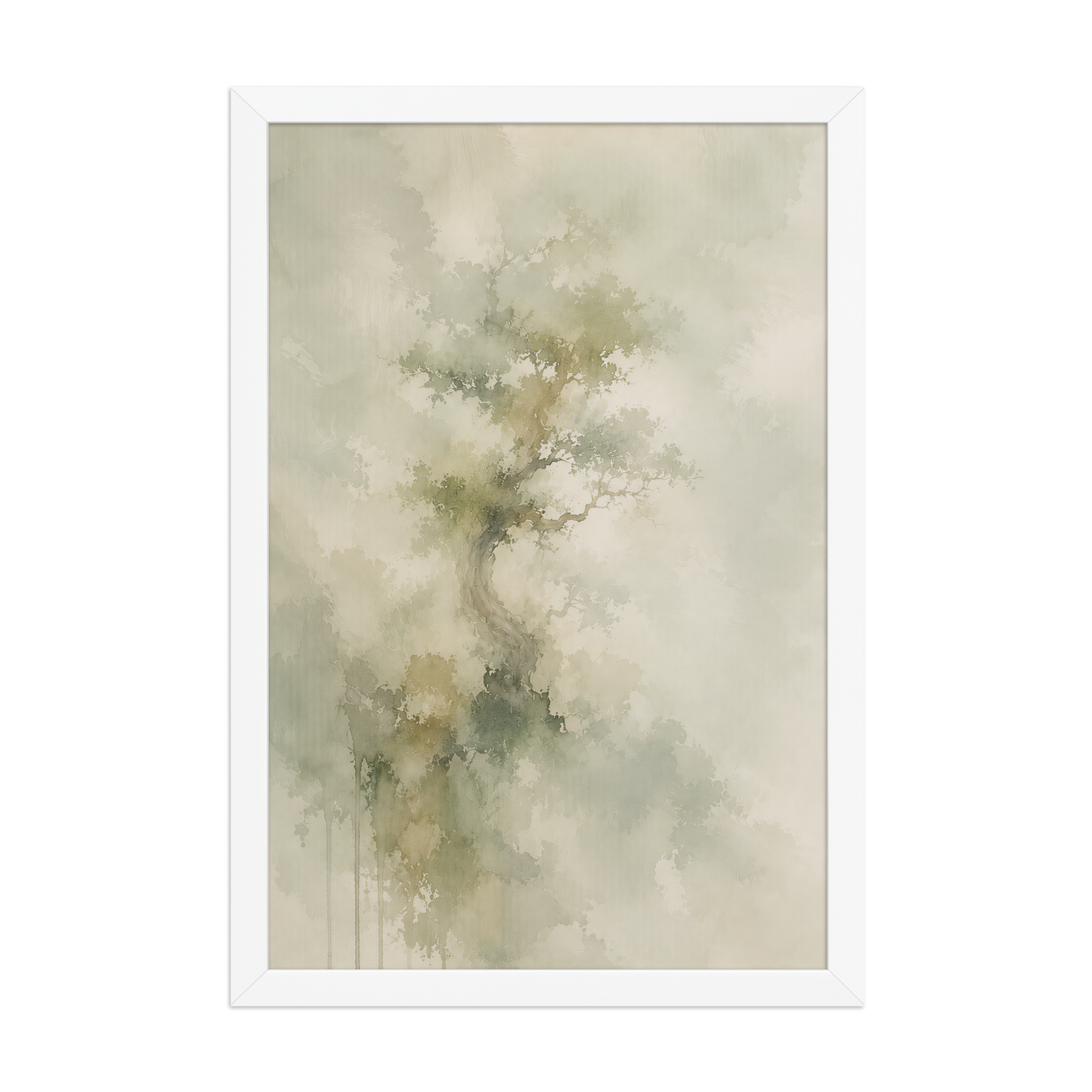 Framed minimalist nature-inspired poster featuring a softly emerging tree form in muted neutral tones and organic watercolor textures.