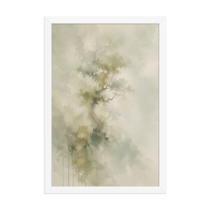 Framed minimalist nature-inspired poster featuring a softly emerging tree form in muted neutral tones and organic watercolor textures.