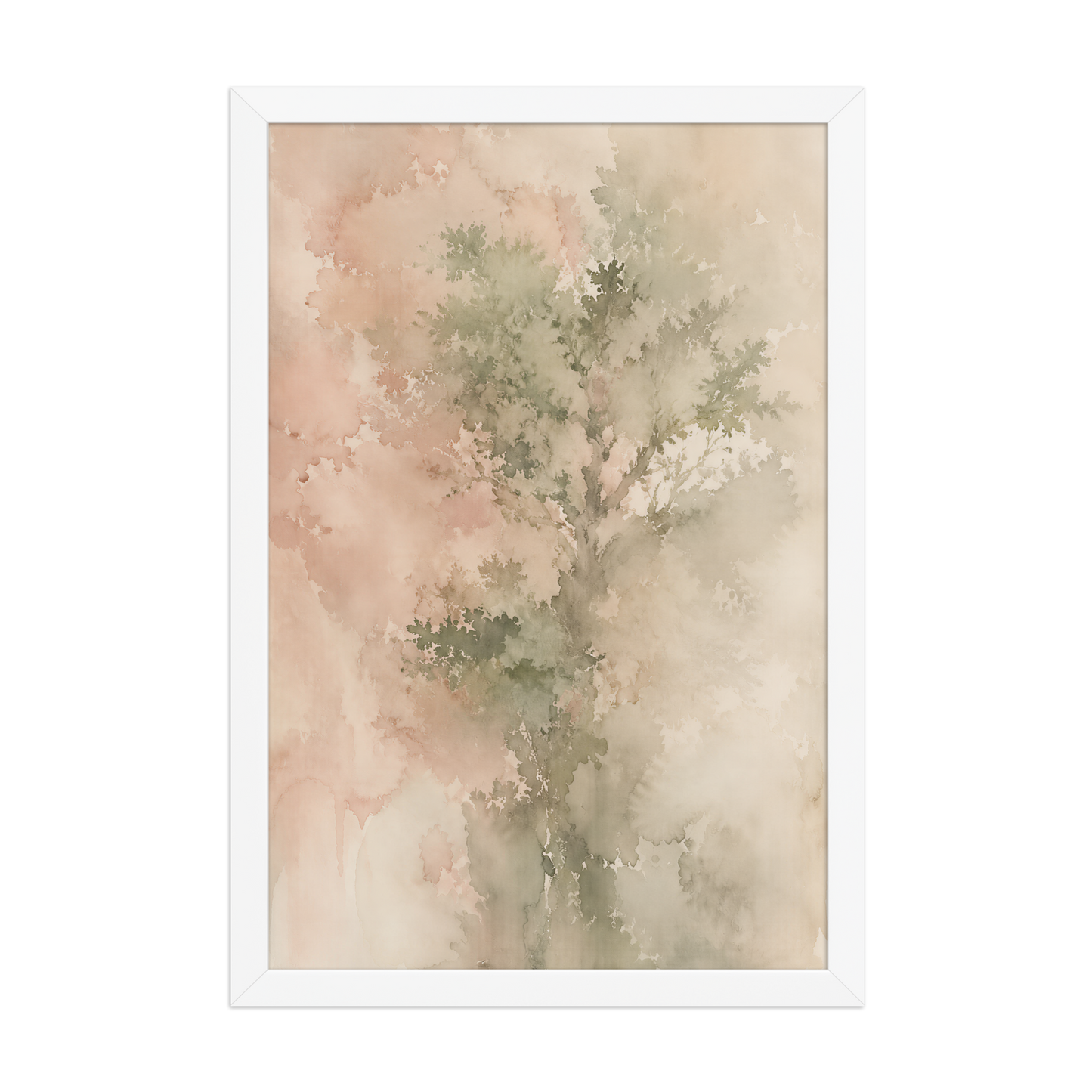 Framed minimalist nature-inspired poster featuring a softly emerging tree form in blush, sage, and warm neutral tones.