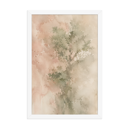 Framed minimalist nature-inspired poster featuring a softly emerging tree form in blush, sage, and warm neutral tones.