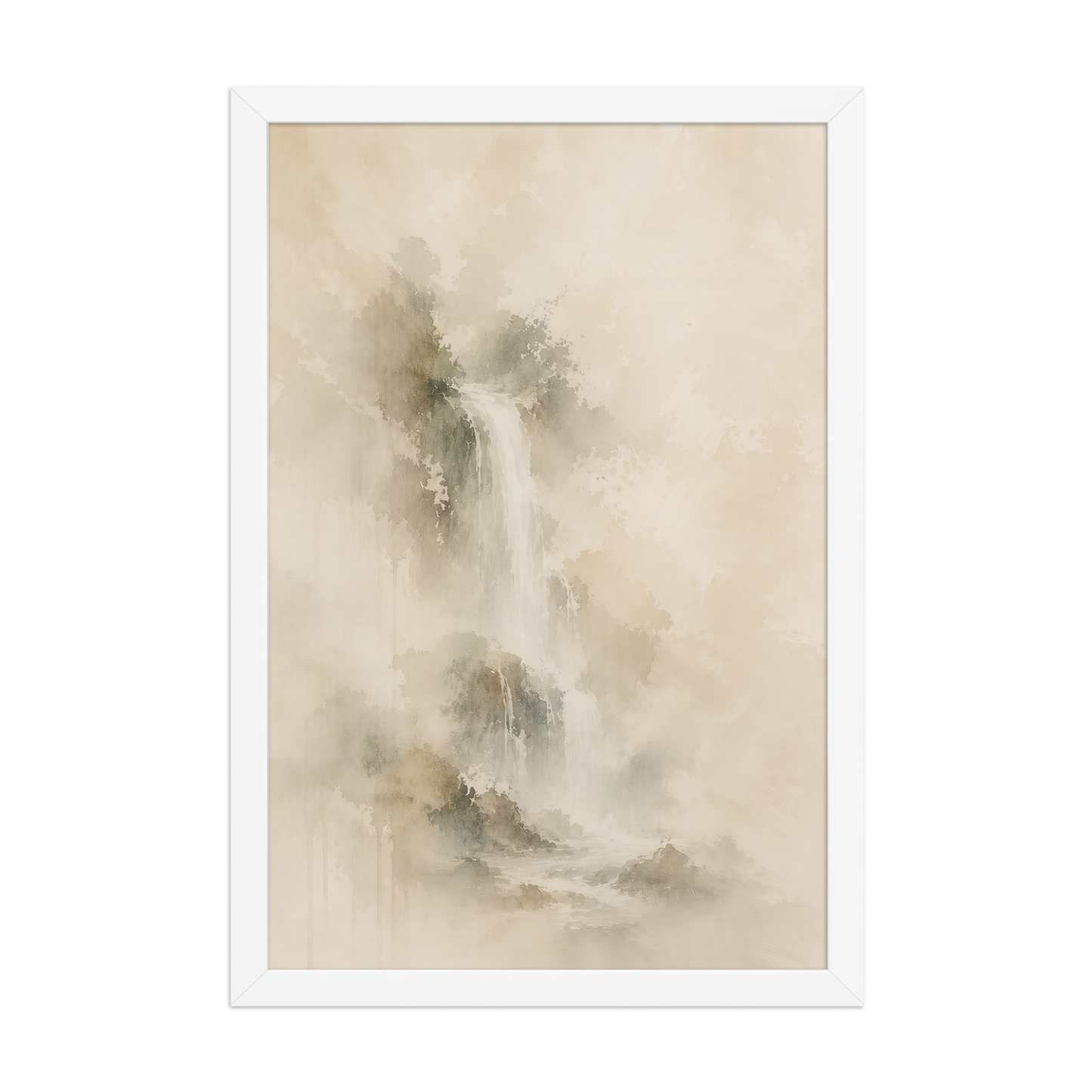 Framed waterfall-inspired poster featuring soft flowing forms in warm neutral and muted earth tones.