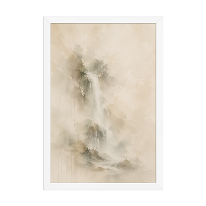 Framed waterfall-inspired poster featuring soft flowing forms in warm neutral and muted earth tones.