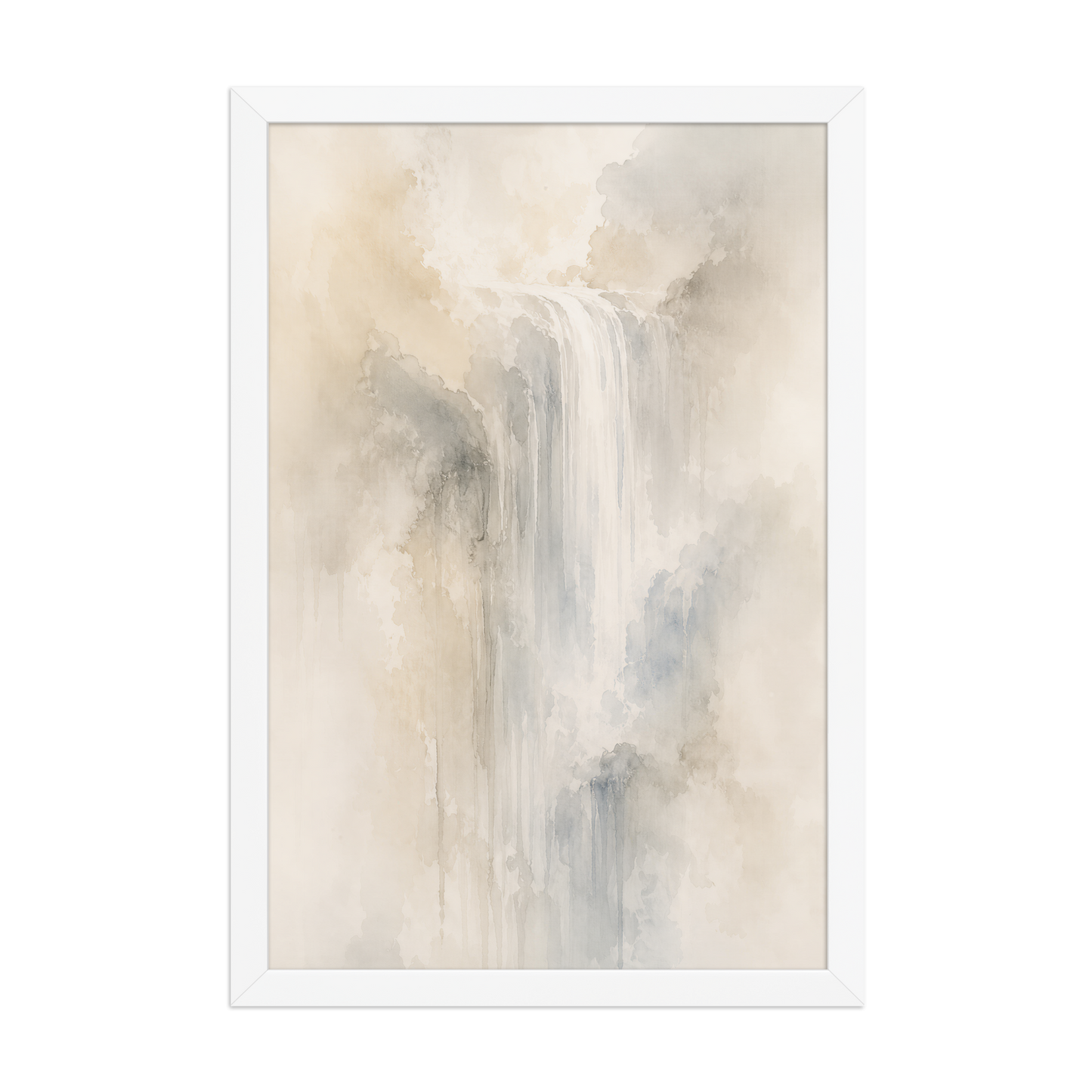 Framed waterfall-inspired poster with soft flowing forms in warm neutrals, misty blues, and subtle organic textures.