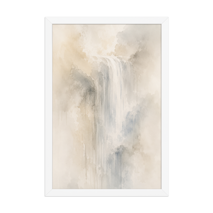 Framed waterfall-inspired poster with soft flowing forms in warm neutrals, misty blues, and subtle organic textures.