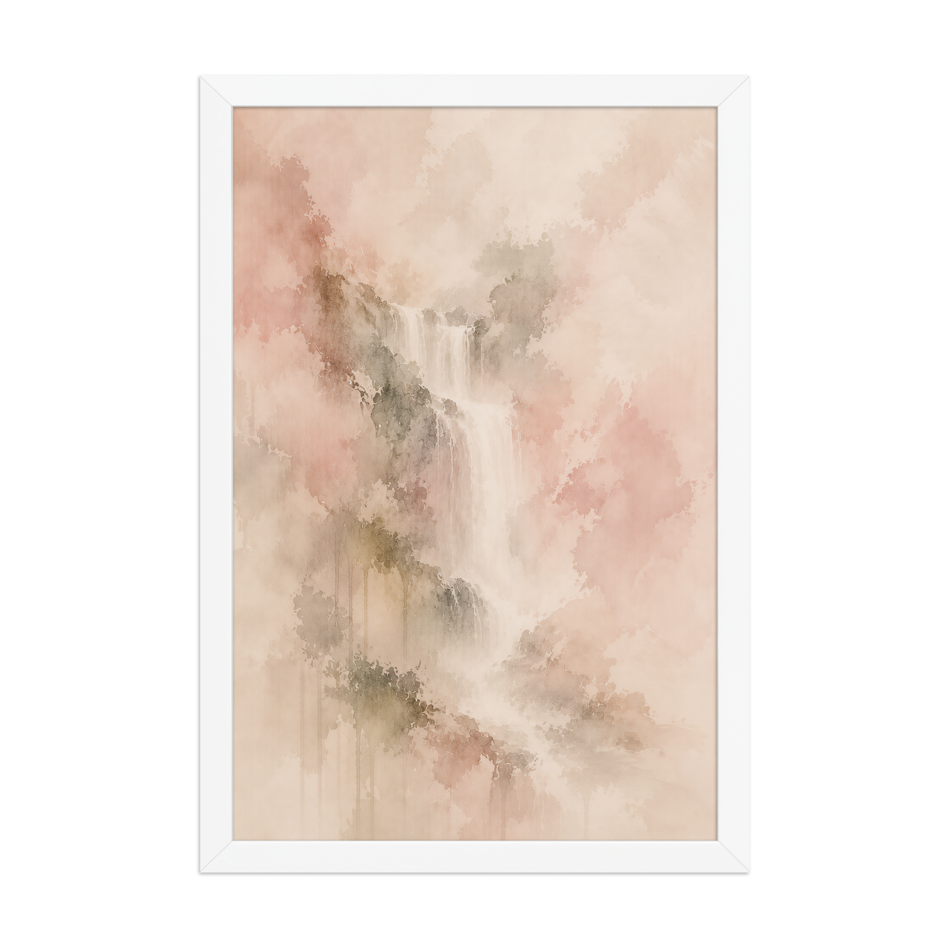 Framed waterfall-inspired poster featuring soft flowing forms in blush, warm neutral, and muted earth tones.
