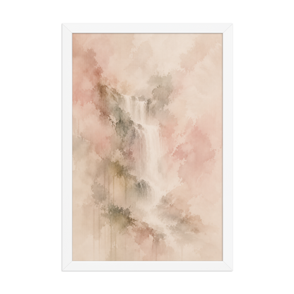 Framed waterfall-inspired poster featuring soft flowing forms in blush, warm neutral, and muted earth tones.