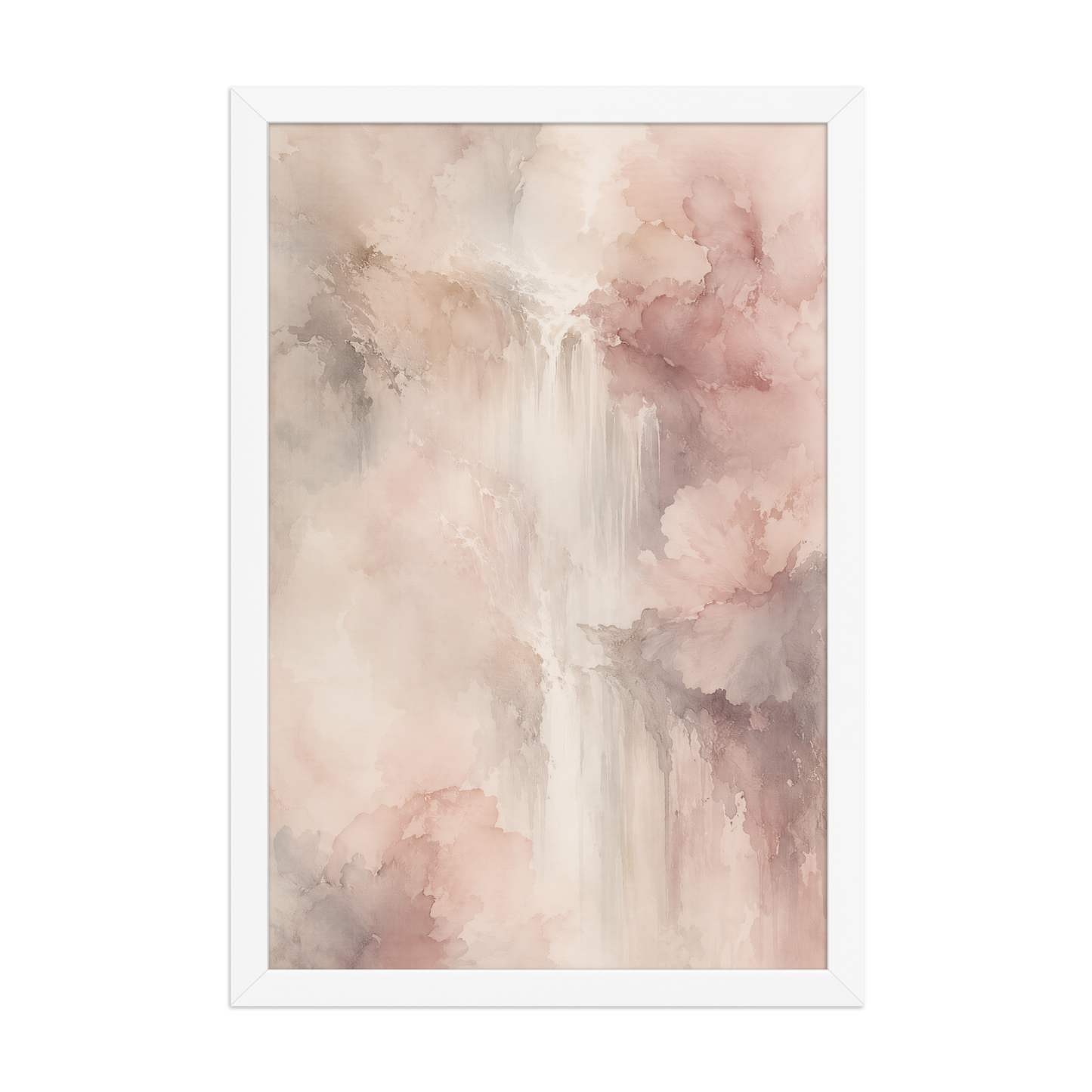 Framed waterfall-inspired poster featuring soft flowing forms in blush pink, warm neutrals, and muted earth tones.
