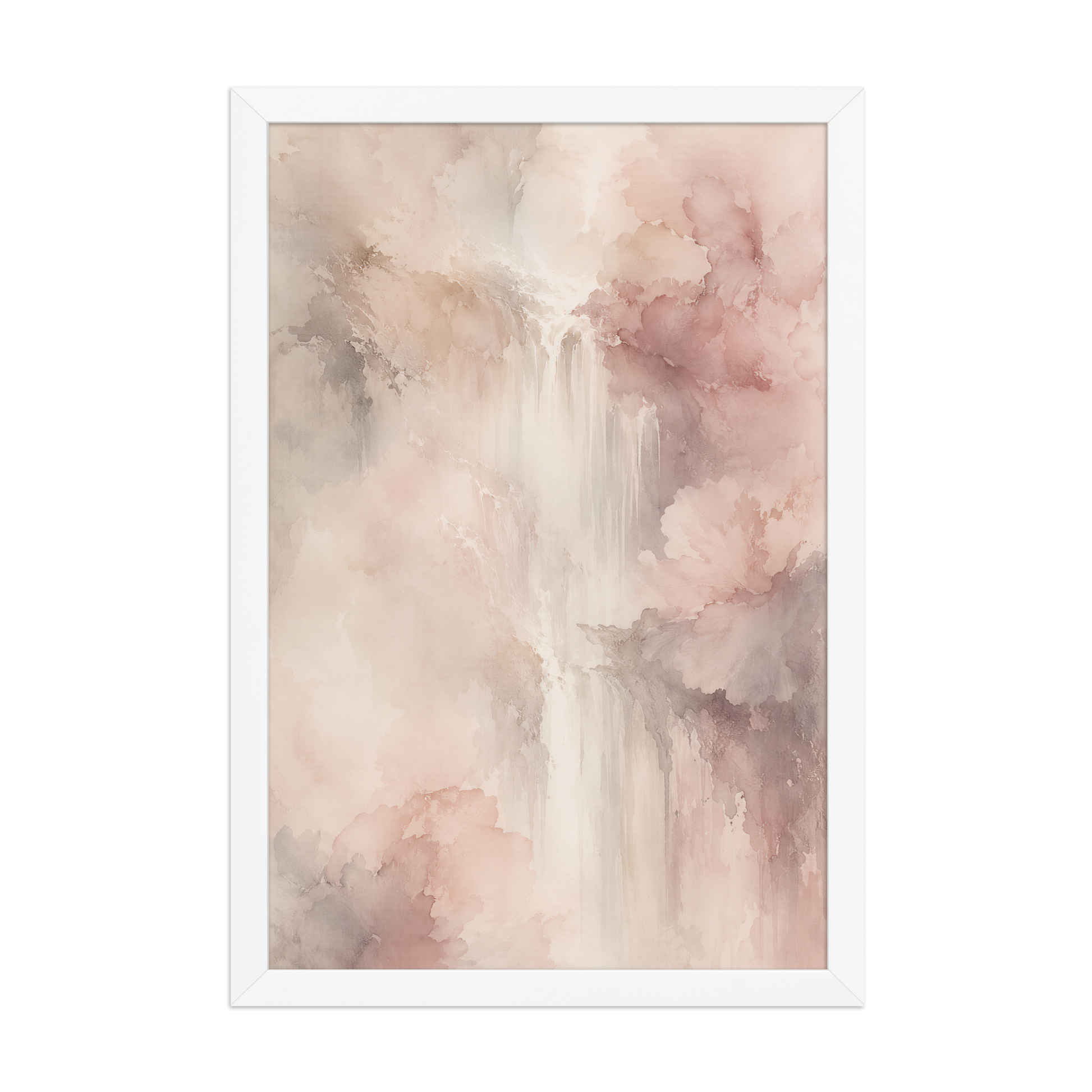 Framed waterfall-inspired poster featuring soft flowing forms in blush pink, warm neutrals, and muted earth tones.