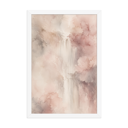 Framed waterfall-inspired poster featuring soft flowing forms in blush pink, warm neutrals, and muted earth tones.