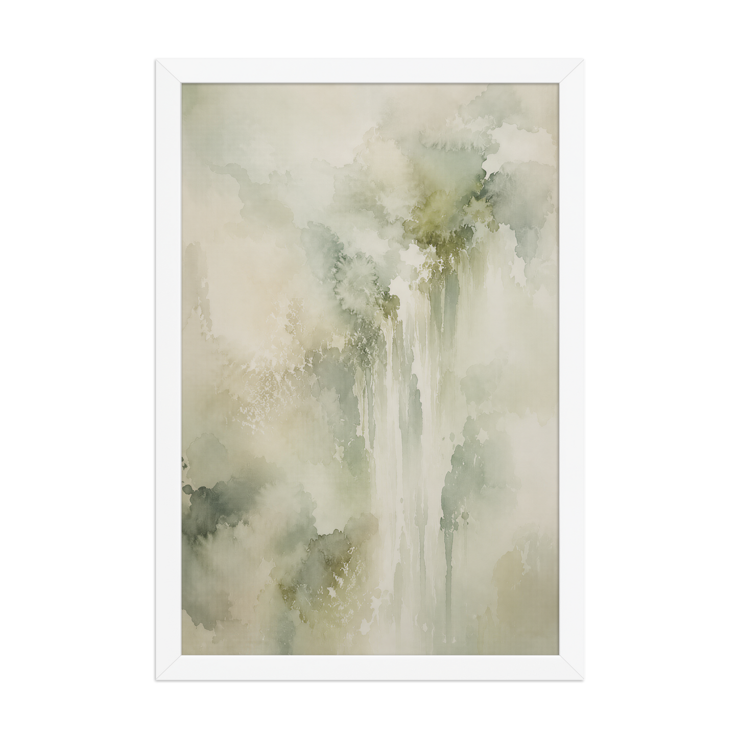 Framed waterfall-inspired poster featuring soft flowing forms in sage green, warm neutrals, and muted natural tones.