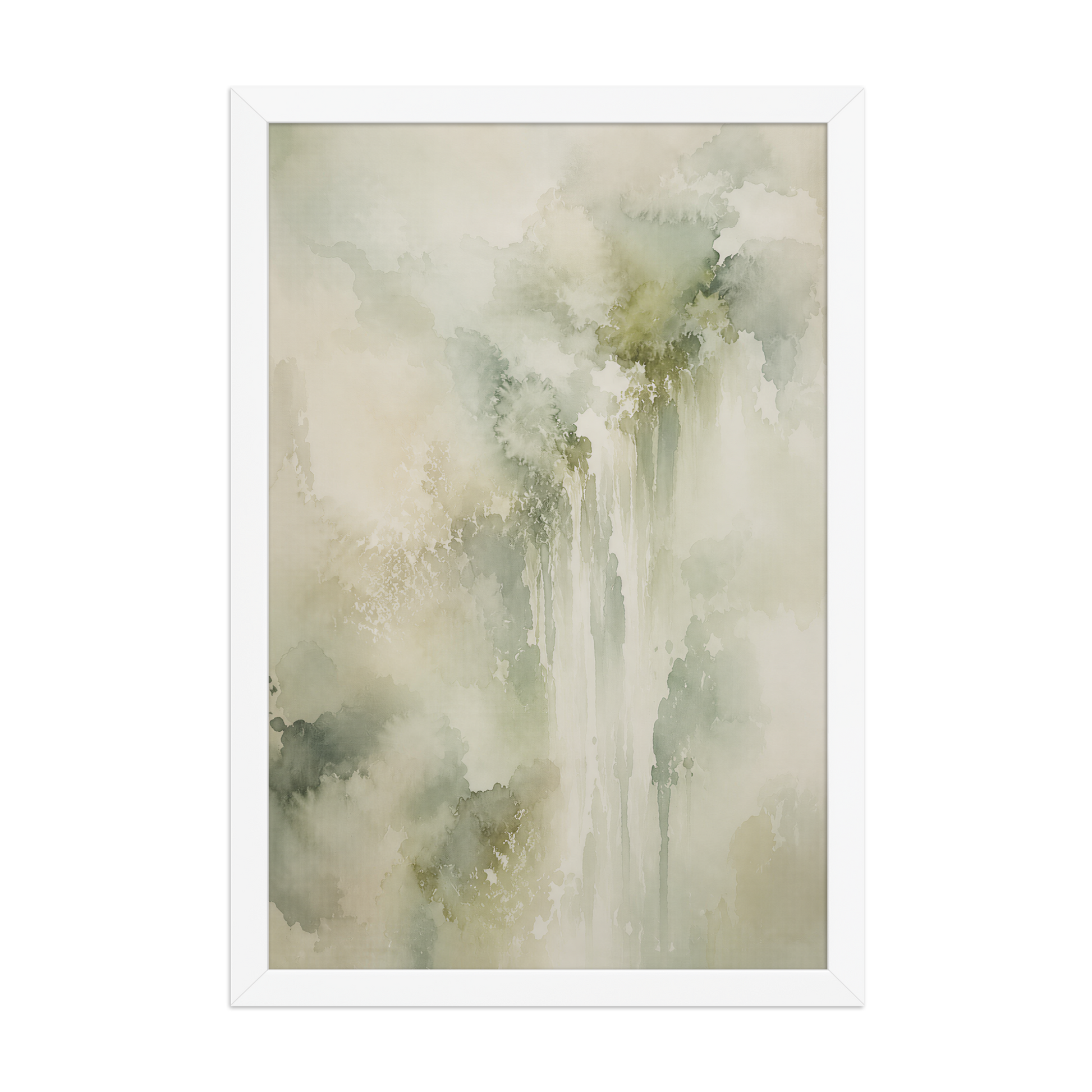 Framed waterfall-inspired poster featuring soft flowing forms in sage green, warm neutrals, and muted natural tones.