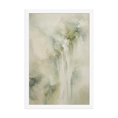 Framed waterfall-inspired poster featuring soft flowing forms in sage green, warm neutrals, and muted natural tones.