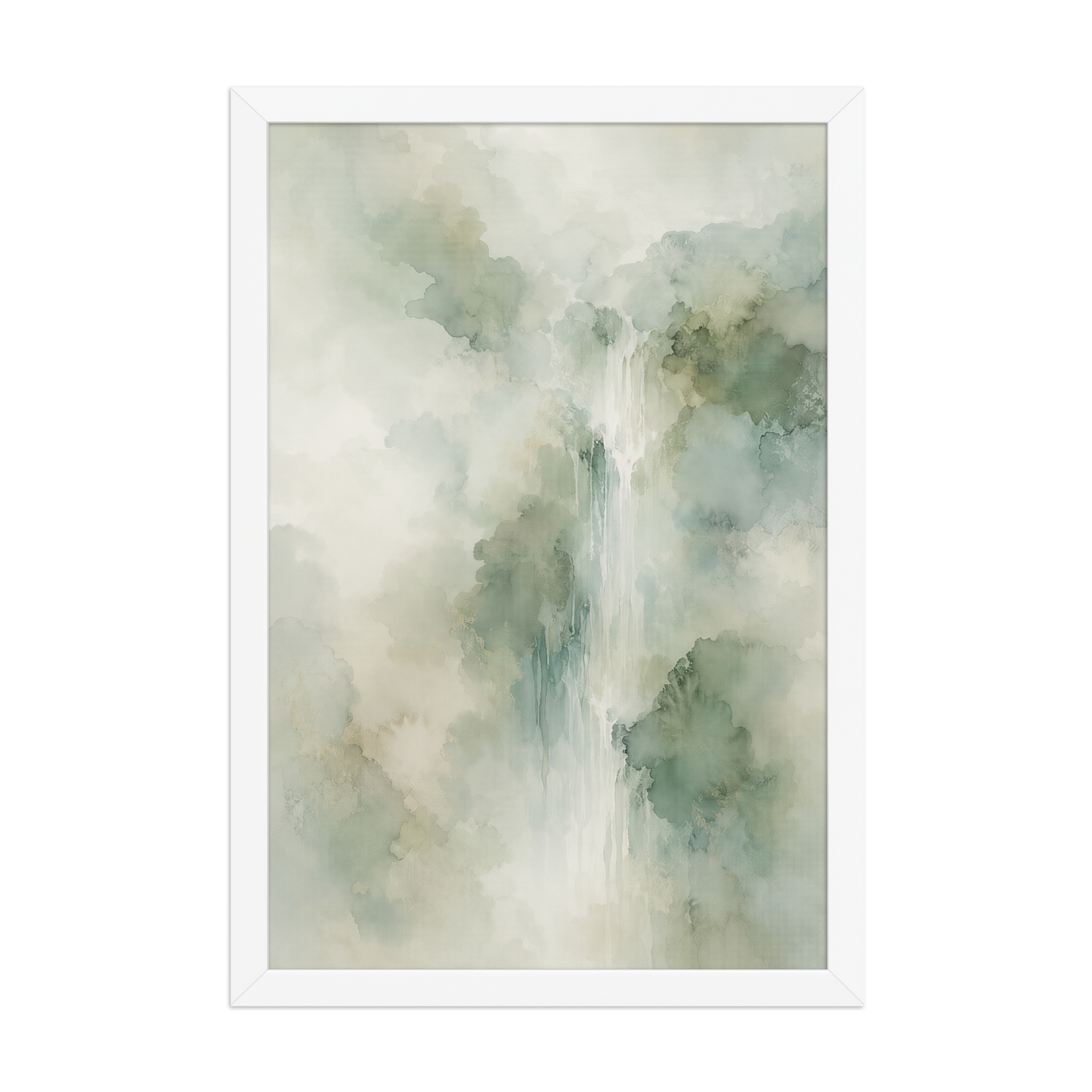 Framed waterfall-inspired poster with soft sage green tones, flowing water, and organic watercolor textures.