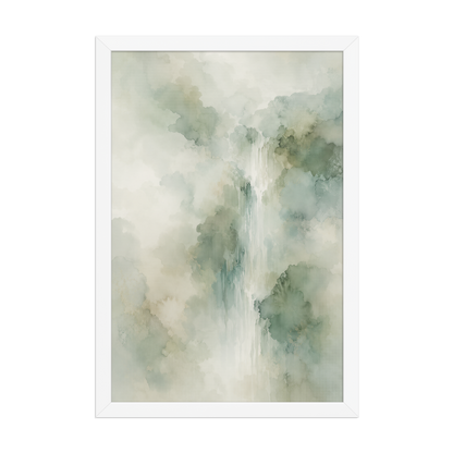 Framed waterfall-inspired poster with soft sage green tones, flowing water, and organic watercolor textures.
