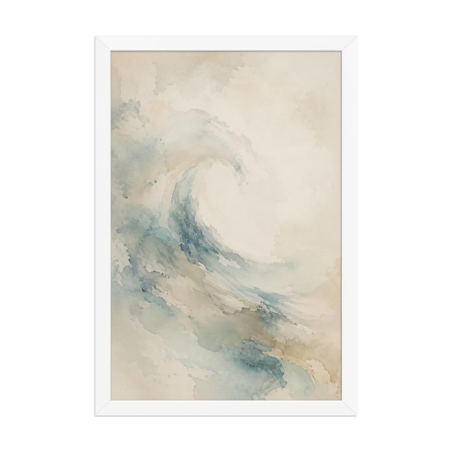 Framed ocean wave-inspired poster with flowing watercolor textures in soft blue, sand, and warm neutral tones.