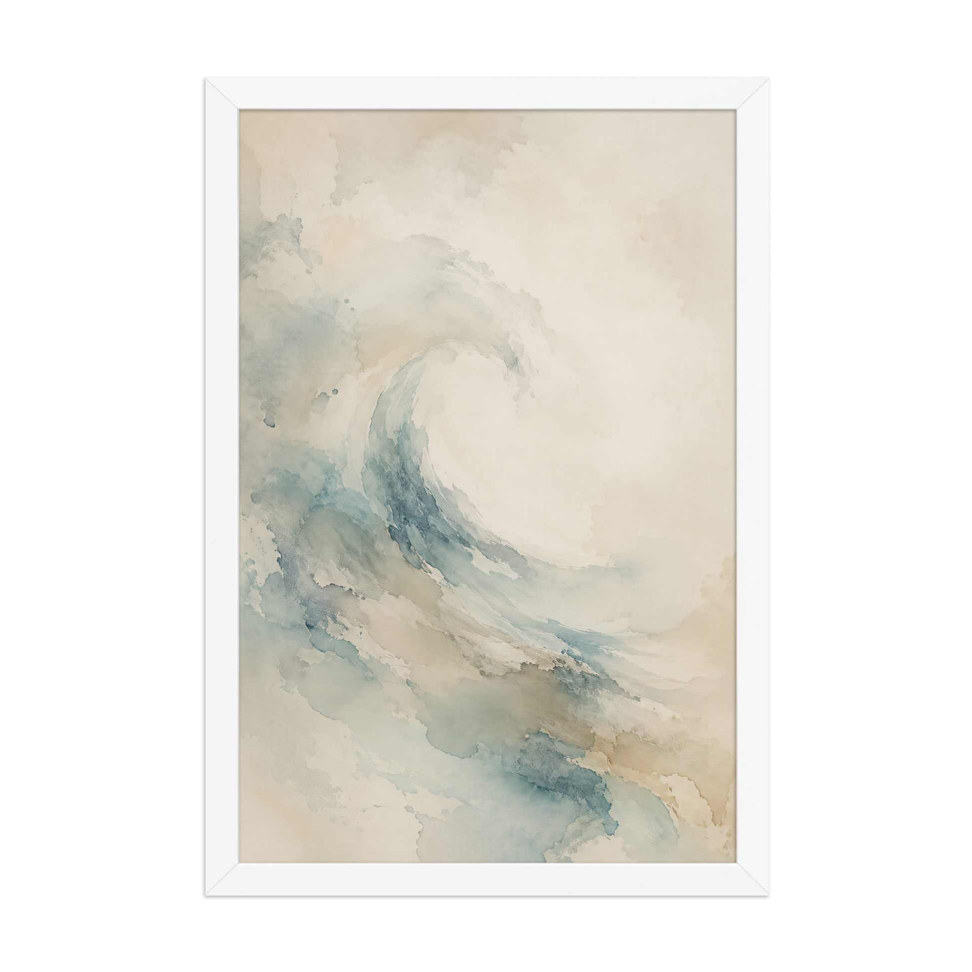 Framed ocean wave-inspired poster with flowing watercolor textures in soft blue, sand, and warm neutral tones.