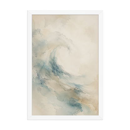 Framed ocean wave-inspired poster with flowing watercolor textures in soft blue, sand, and warm neutral tones.
