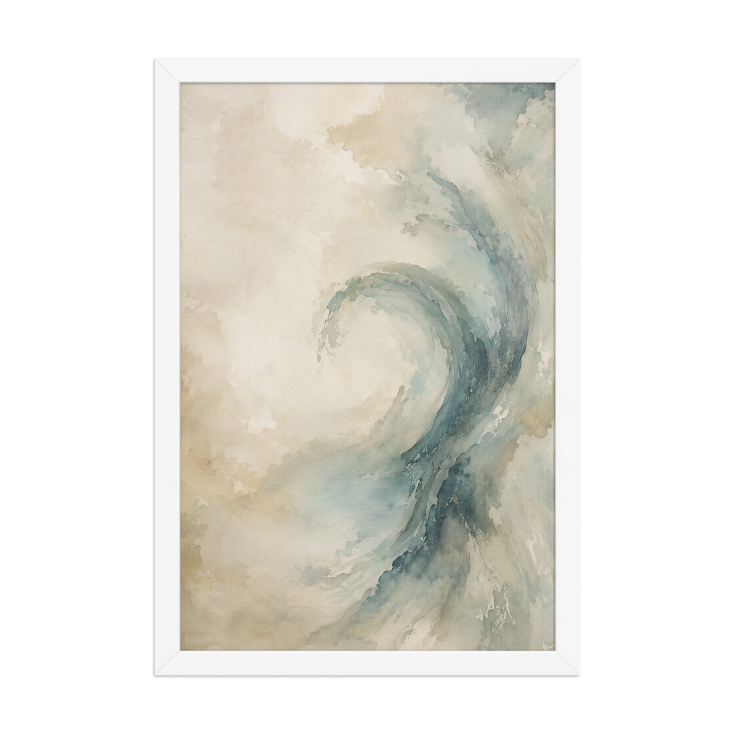 Framed ocean wave-inspired poster with flowing watercolor textures in soft blue, ivory, and warm neutral tones.