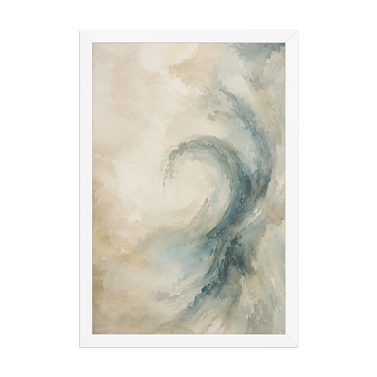 Framed ocean wave-inspired poster with flowing watercolor textures in soft blue, ivory, and warm neutral tones.