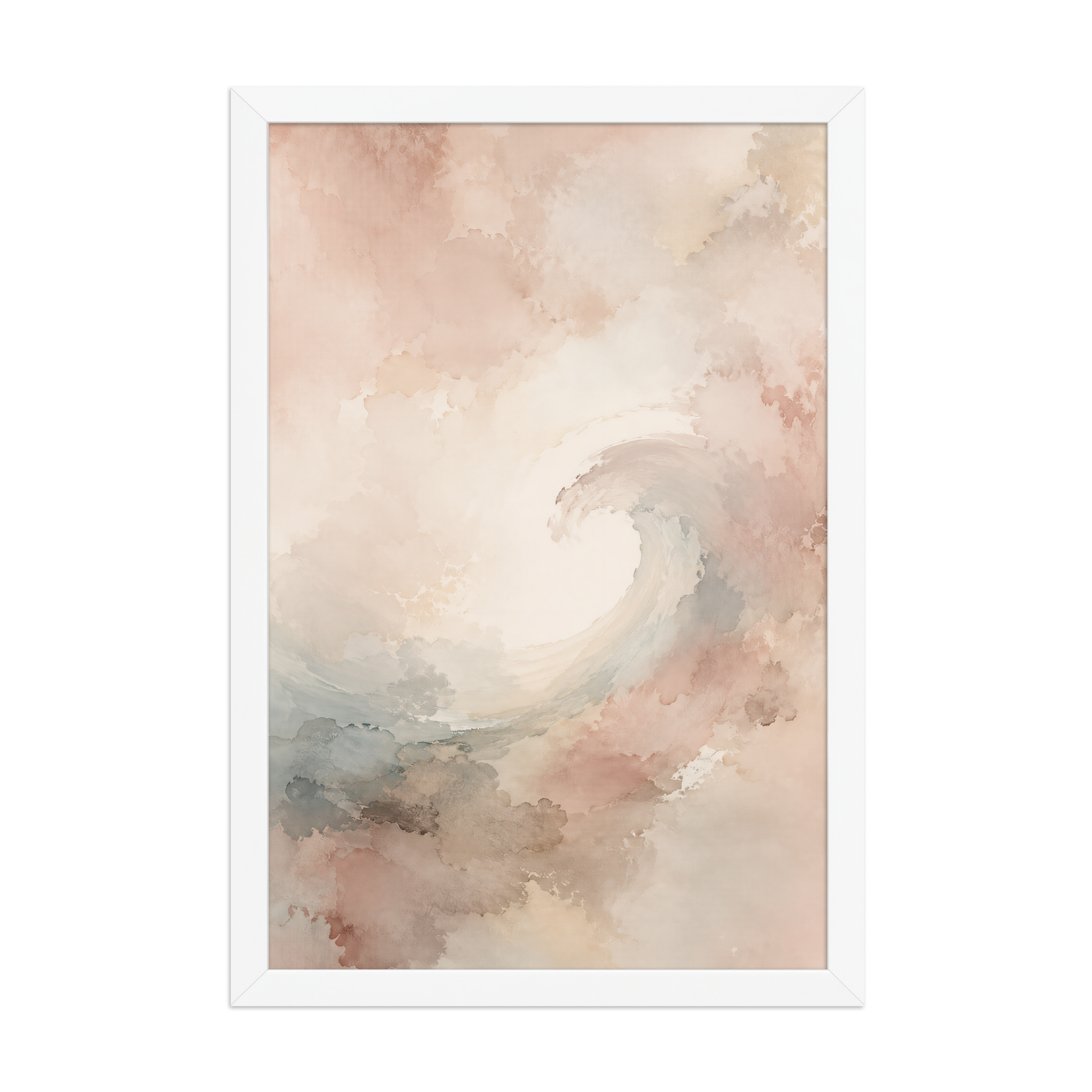 Framed ocean wave-inspired poster with flowing watercolor textures in blush, soft blue, and warm neutral tones.