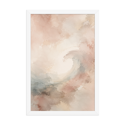 Framed ocean wave-inspired poster with flowing watercolor textures in blush, soft blue, and warm neutral tones.