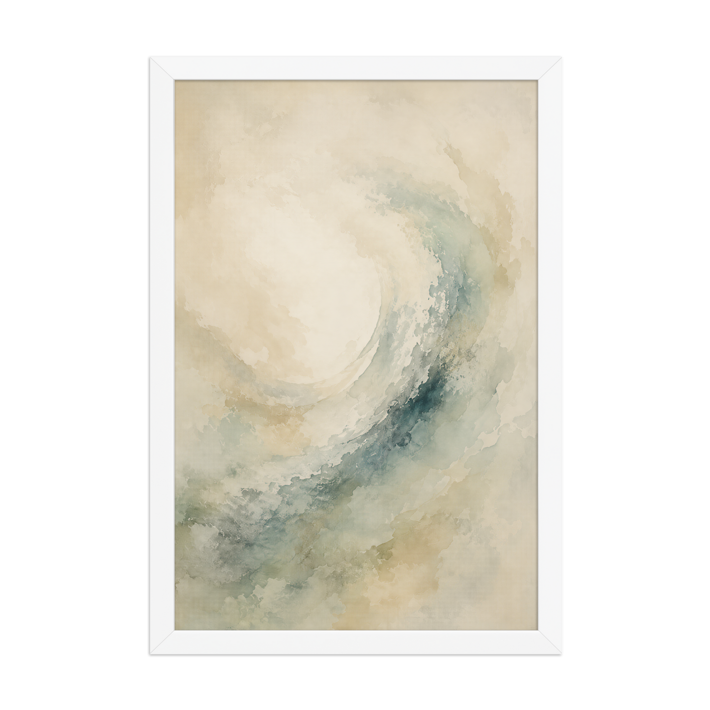Framed ocean wave-inspired poster with flowing watercolor textures in soft blue, sage, and warm neutral tones.