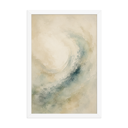 Framed ocean wave-inspired poster with flowing watercolor textures in soft blue, sage, and warm neutral tones.