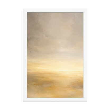 Framed sunrise poster featuring a glowing ocean horizon with soft watercolor textures in warm gold, ivory, and neutral tones.