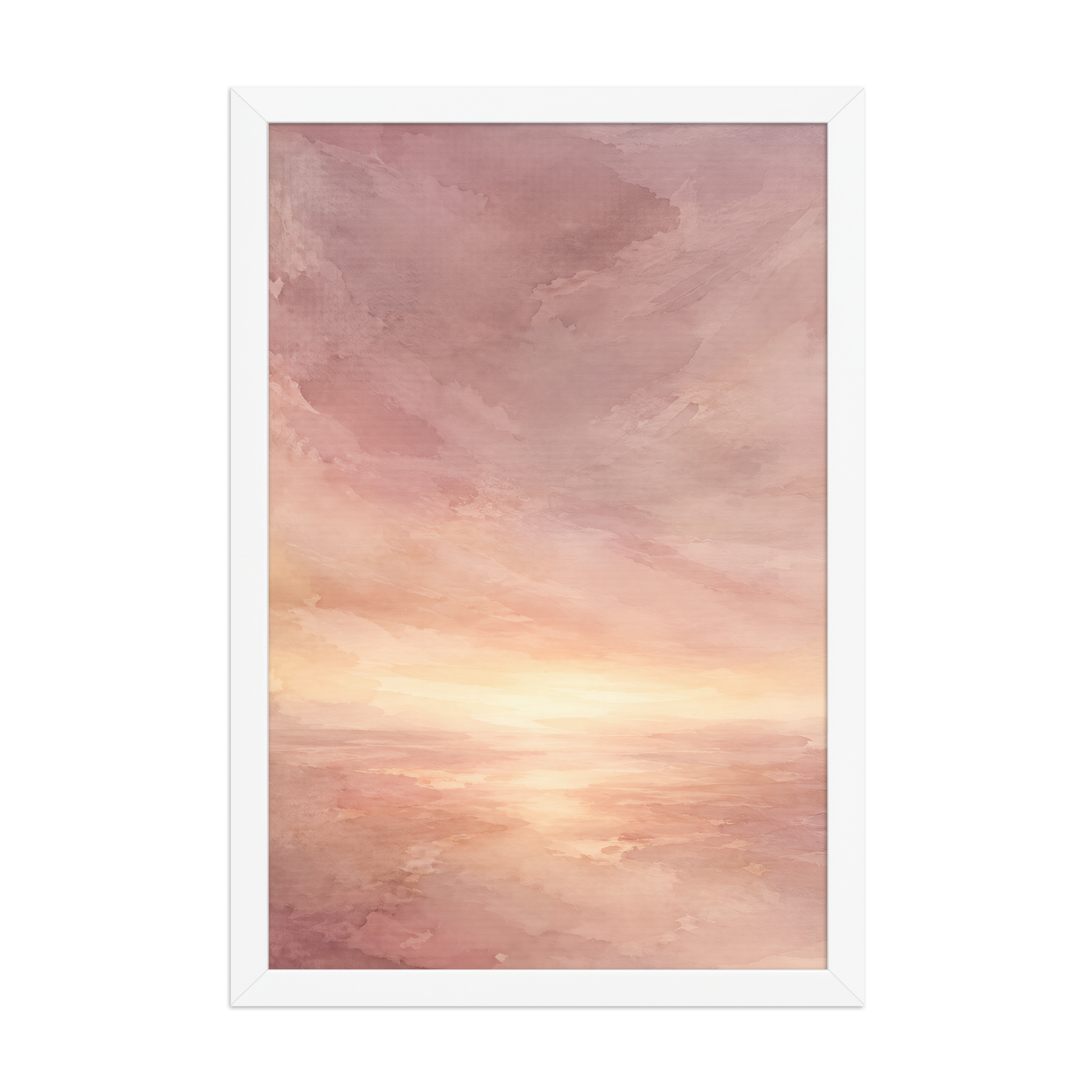 Framed sunrise poster with a glowing blush ocean horizon and soft watercolor textures in pink, peach, and warm neutral tones.