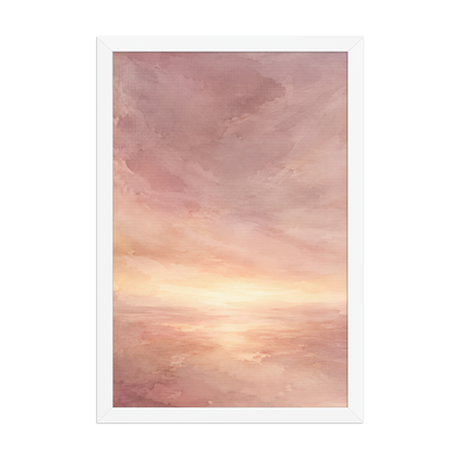 Framed sunrise poster with a glowing blush ocean horizon and soft watercolor textures in pink, peach, and warm neutral tones.