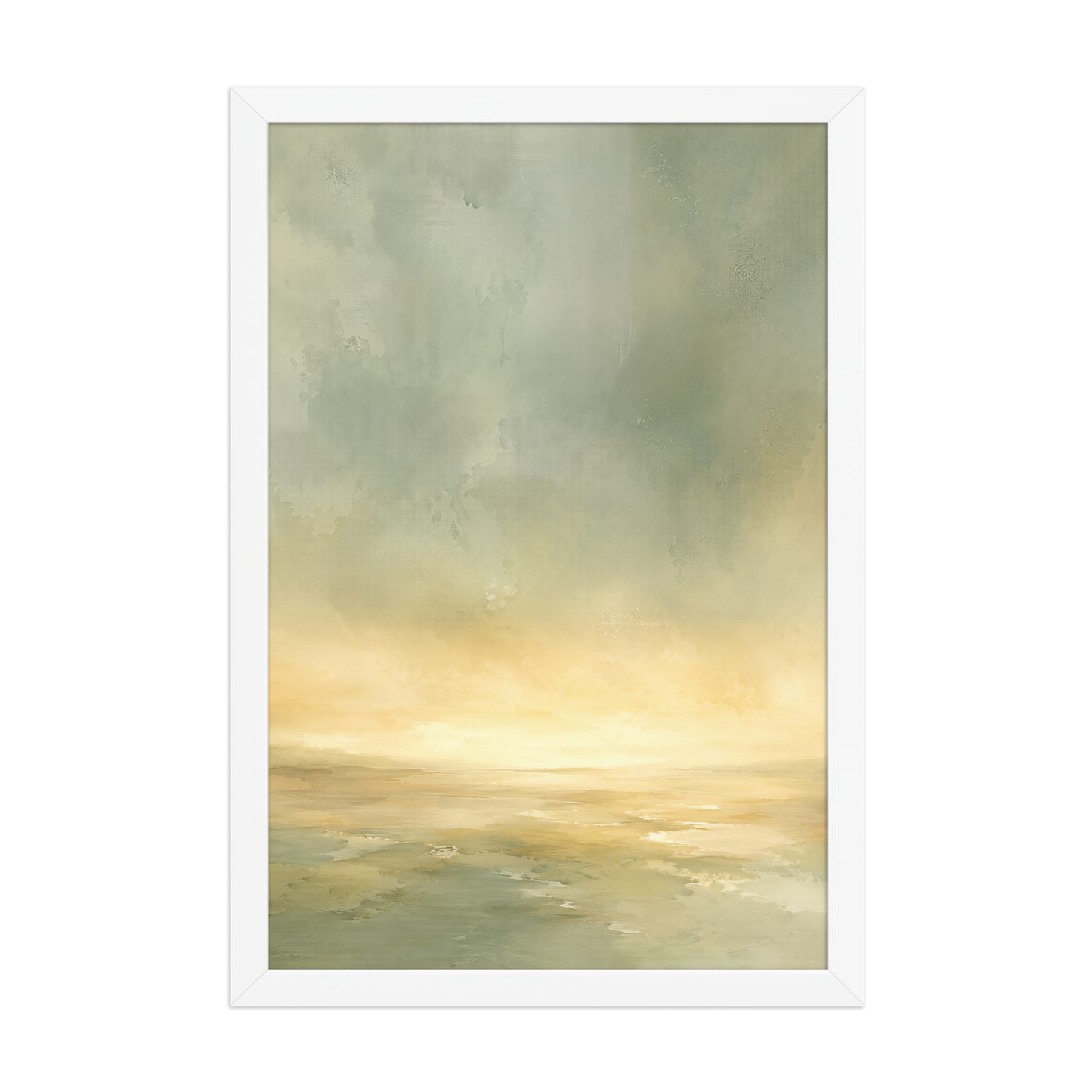 Framed sunrise poster featuring a glowing ocean horizon with soft sage green, warm gold, and watercolor textures.