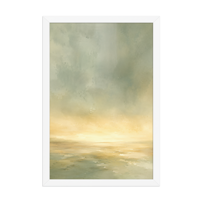 Framed sunrise poster featuring a glowing ocean horizon with soft sage green, warm gold, and watercolor textures.