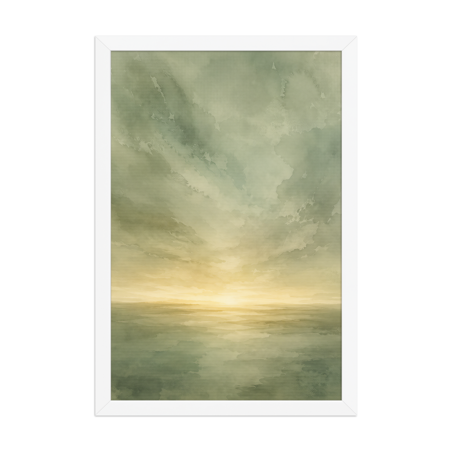 Framed sunrise poster featuring a glowing ocean horizon with soft sage green watercolor textures and warm golden light.