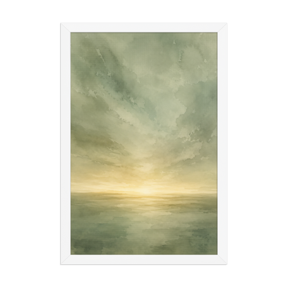 Framed sunrise poster featuring a glowing ocean horizon with soft sage green watercolor textures and warm golden light.