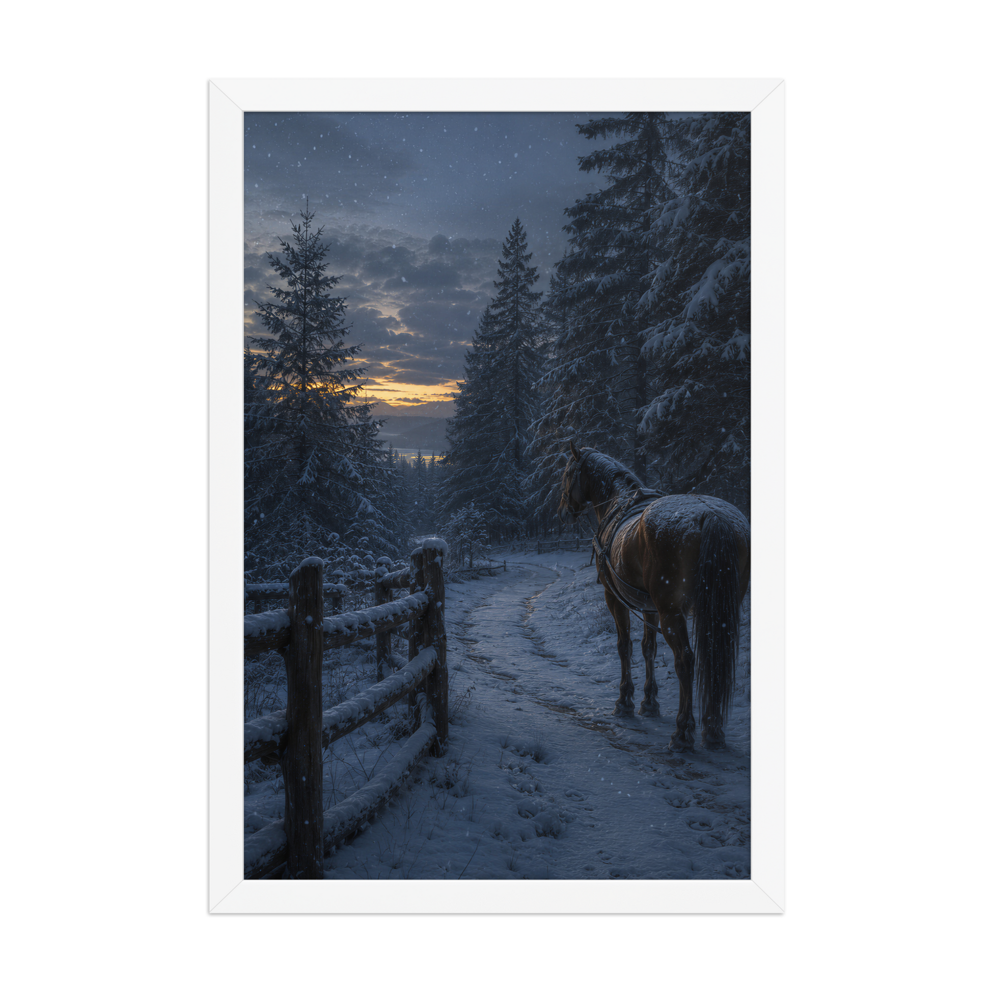 Framed winter forest poster featuring a lone horse on a snowy woodland path at twilight, inspired by Robert Frost's Miles to go, original Visual Poetry artwork.