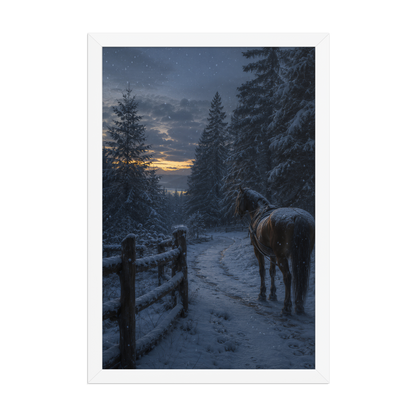 Framed winter forest poster featuring a lone horse on a snowy woodland path at twilight, inspired by Robert Frost's Miles to go, original Visual Poetry artwork.