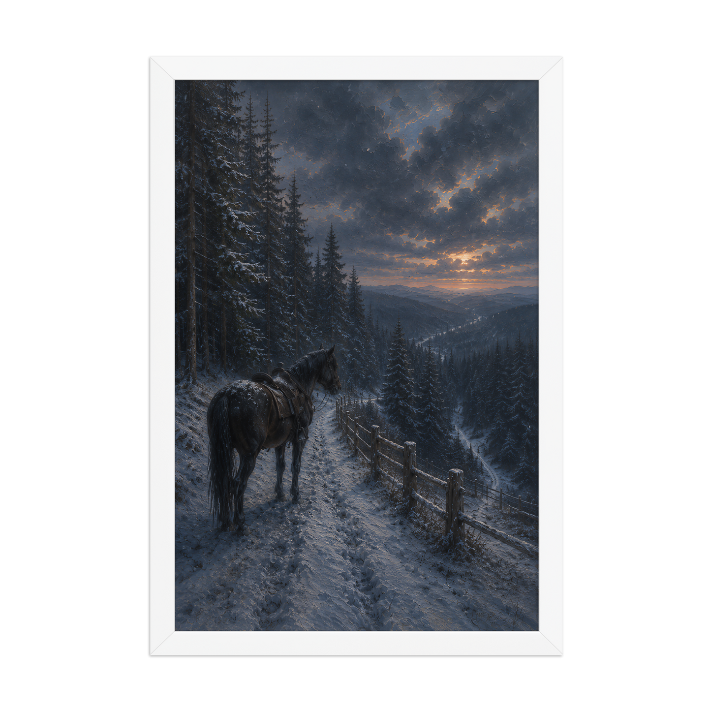 Framed mountain trail poster featuring a lone horse overlooking a snowy valley at winter sunset, inspired by Robert Frost's The Road Not Taken, original Visual Poetry artwork.