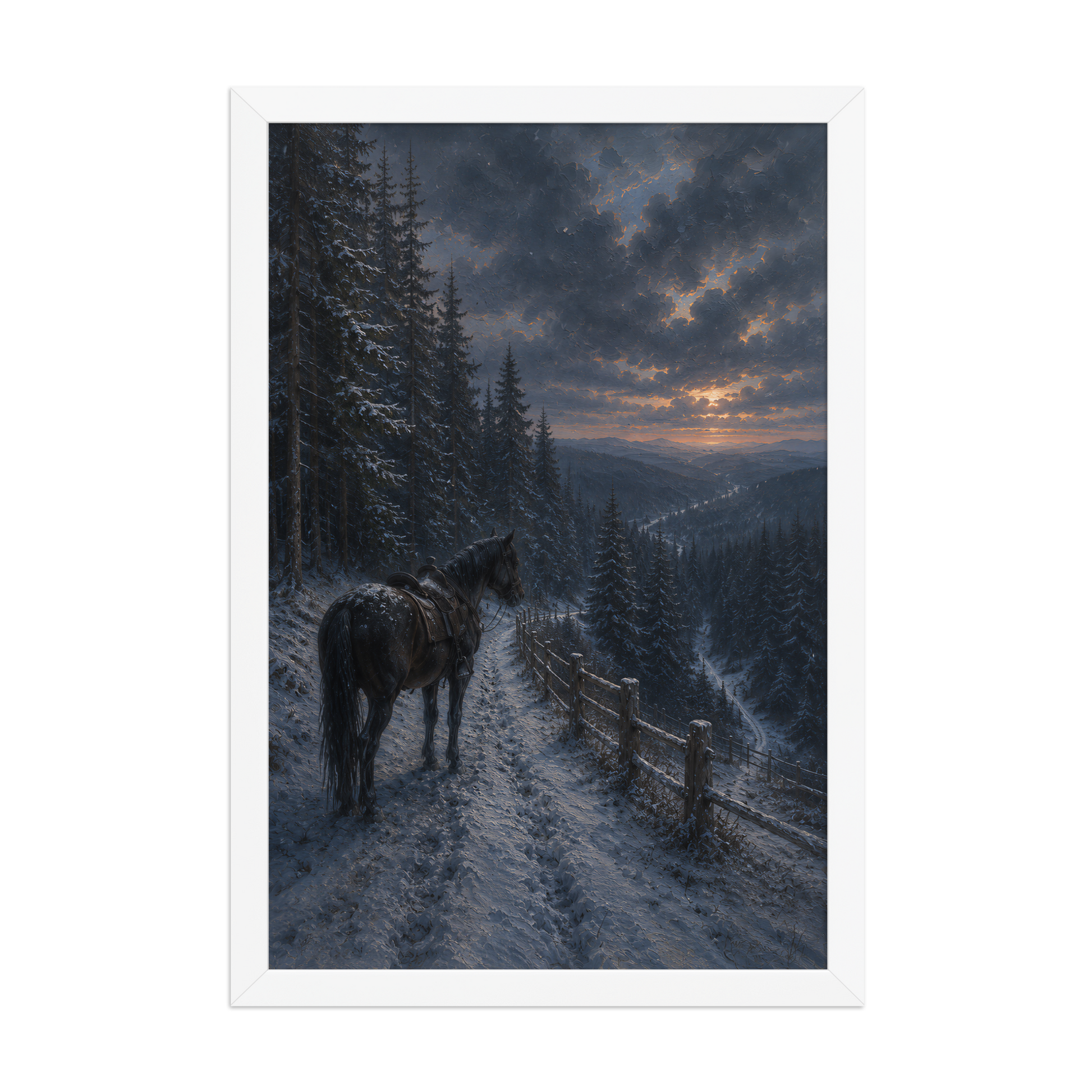 Framed mountain trail poster featuring a lone horse overlooking a snowy valley at winter sunset, inspired by Robert Frost's The Road Not Taken, original Visual Poetry artwork.