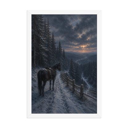 Framed mountain trail poster featuring a lone horse overlooking a snowy valley at winter sunset, inspired by Robert Frost's The Road Not Taken, original Visual Poetry artwork.