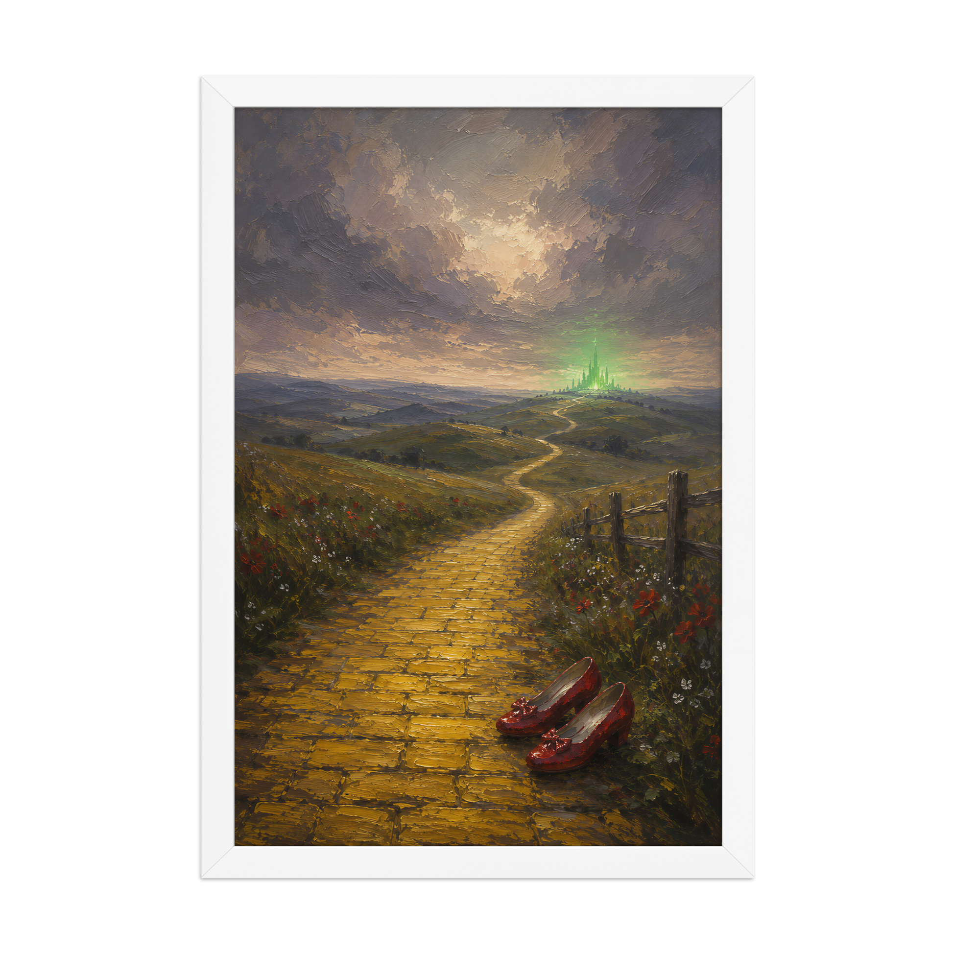 Framed Yellow Brick Road poster featuring ruby slippers beside a winding golden path leading toward a distant emerald city, inspired by There's No Place Like Home, original Visual Poetry artwork.